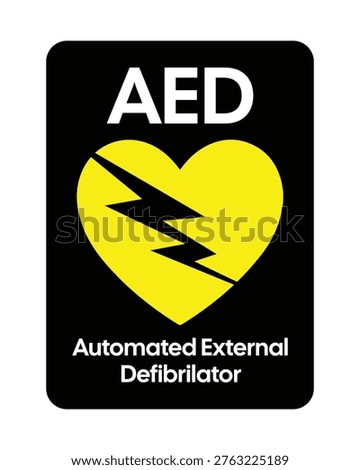 High contrast AED automated external defibrillator sign with yellow heart and lightning symbol on black background. Ideal for clear visibility in emergency situations, public spaces, and workplace safety signage.