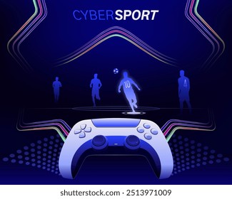 Kontrastreicher Hintergrund mit hellen dekorativen Elementen, Cybersport, Sport, Fußballspiel, Silhouette eines Fußballspielers, Videospiel, Gamepad. Vorlagenbanner, Poster, Fußballsimulator.