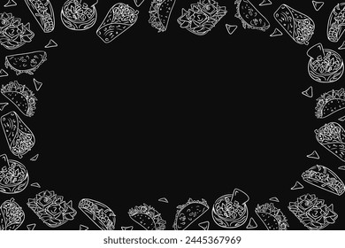 High contrast background with doodle Mexican food. Black and white. Frame template or design print with traditional street food. Good for banner, background, social media graphics