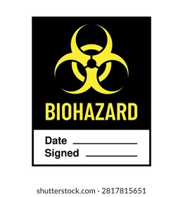 High contrast biohazard control label featuring a yellow hazard emblem and writable fields for dating and signing completed checks. Useful for specimen storage, restricted laboratory assets, quarantine containers and biological risk documentation workflows.