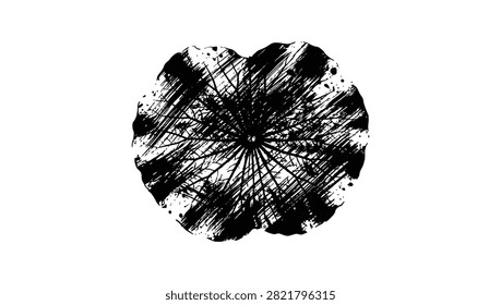 A high contrast black ink circular design featuring rough radiating brush strokes and distressed grunge texture on a white background