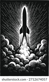 High contrast black panel showing a rocket lifting through smoke and flames.