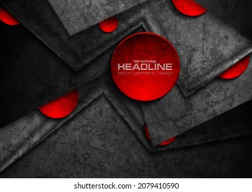 High contrast black red curved stripes and circles. Abstract grunge tech graphic design. Old wall concrete texture. Vector corporate background