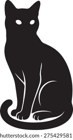High contrast black silhouette of a cat sitting gracefully with a curled tail isolated on a white background