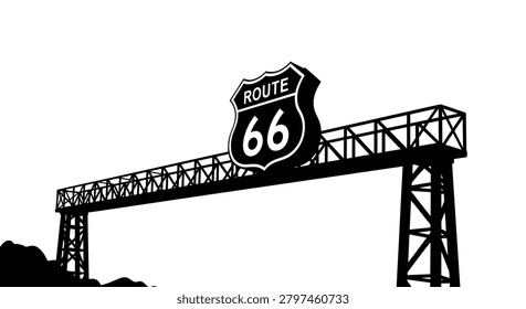 A high contrast black silhouette of a classic Route 66 highway sign attached to a large steel truss bridge structure against a plain white background