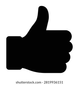 A high contrast black silhouette of a hand giving a thumbs up gesture against a white background, representing approval, success, and positive feedback for social media.