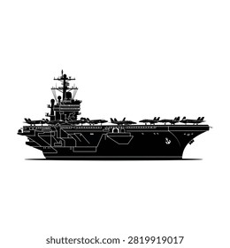 High contrast black silhouette of a modern aircraft carrier ship featuring fighter jets on the deck. Ideal for military, naval, and defense themes. Isolated on white background with ample space for text.