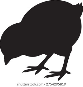 High contrast black silhouette of a tiny baby chick pecking for food in a minimalist vector style perfect for Easter or farm graphics