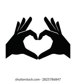 High contrast black silhouette of two hands forming a heart shape. Minimalist symbol representing love, care, and affection. Ideal for Valentine's Day designs and charity campaigns.