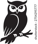 High contrast black silhouette of a wise owl sitting on a branch with a clean and sharp contour