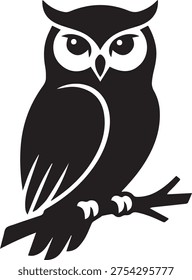 High contrast black silhouette of a wise owl sitting on a branch with a clean and sharp contour