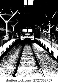 High contrast black train silhouette at the station. Abstract transport stencil of railway tracks and locomotive for industrial and urban designs.