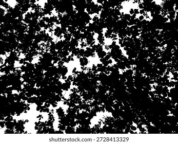 High contrast black tree canopy silhouette. Abstract foliage stencil of leaves and branches for minimalist nature and landscape graphic designs.