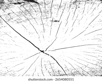 A high contrast, black and white abstract image showcasing the intricate details of cracked wood grain. The silhouette style emphasizes the texture and radial patterns.