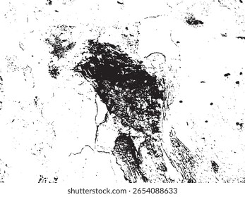 A high contrast black and white abstract grunge texture featuring organic, irregular shapes and scattered particles. This silhouette is isolated on a transparent background.