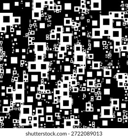 Padrão abstrato preto e branco de alto contraste com quadrados de pixels espalhados, criando uma textura de ruído digital para tecnologia, dados e conceitos de design moderno.
