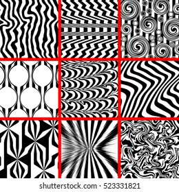 High contrast black and white background set. Monochrome, distorted, chaotic themes. 3D illusion compositions. Abstract vector illustration.