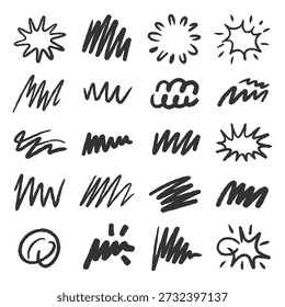 Colección en blanco y negro de alto contraste de texturas de pincel dibujadas a mano y marcas de tinta caóticas para álbumes de recortes digitales y proyectos de Diseño gráfico de estilo urbano con Elementos ásperos y esquemáticos