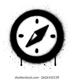 High contrast black and white graffiti style compass symbol created with spray paint. Features bold edges, paint splatters, and dripping details for an edgy, urban street art aesthetic.