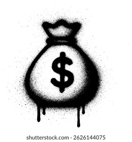 High contrast black and white graffiti style illustration of a money bag with a bold dollar sign, created using spray paint with dripping ink effect.