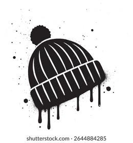 High contrast black and white graffiti style illustration of a knitted winter beanie with vertical ribbing and a pom-pom top.