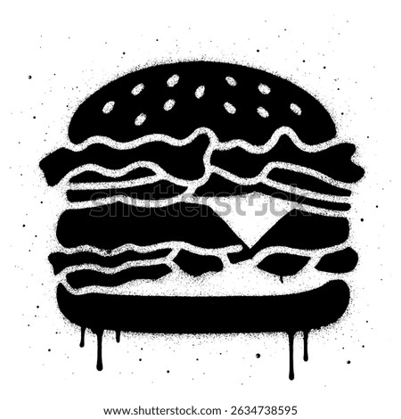 High contrast black and white graffiti style stencil illustration of a hamburger, featuring a dripping spray paint effect.