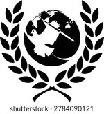 High contrast black and white graphic featuring a world globe and peace dove. Surrounded by a circular laurel wreath frame. Ideal for international diplomacy, humanitarian organizations, and non-profit websites. Clean silhouette style suitable for logos, awards, and educational materials about global cooperation and unity.