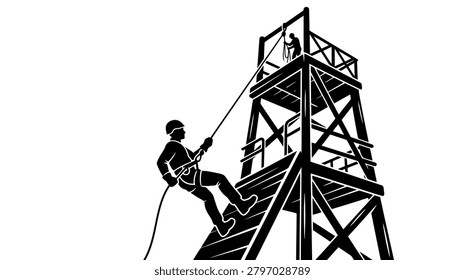 A high contrast black and white graphic showing a worker in safety gear descending a metal tower with another person visible at the top platform