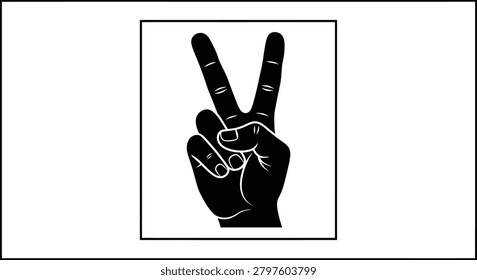 A high contrast black and white graphic design featuring a human hand gesture making the peace or victory sign with fingers held up.