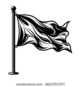 A high contrast black and white graphic design featuring a stylized flag waving on a sturdy pole. Perfect for representing victory, national pride, or navigation.