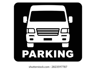 A high contrast black and white graphic icon depicting a van with the word parking underneath