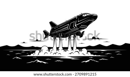 A high contrast black and white graphic of a science fiction aircraft. The vessel is shown during takeoff with smoke billowing from its powerful engines.