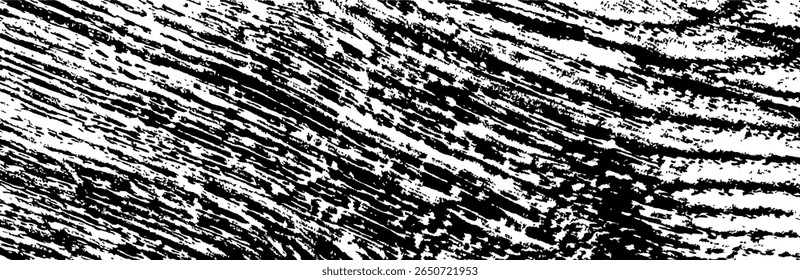 Fundo de textura de madeira grunge preto e branco de alto contraste. Superfície áspera abstrata com pincel como traços e detalhes de arranhões afligidos. Perfeito para uso como sobreposição, máscara, design têxtil, embalagem