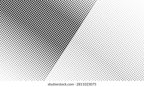A high contrast black and white halftone dot pattern with a diagonal split.
