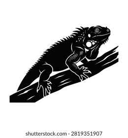 High contrast black and white illustration of an iguana resting on a branch. Stylized reptile silhouette with detailed claws and scales. Perfect for graphic design or nature themes.