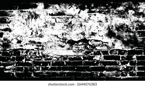 uma imagem em preto e branco de alto contraste de uma parede de tijolos afligida com tinta descascando e argamassa visível.