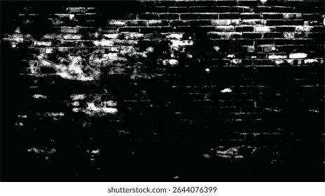 uma imagem em preto-e-branco de alto contraste mostrando uma parede de tijolos com sombras pesadas e pontos de luz espalhados nela