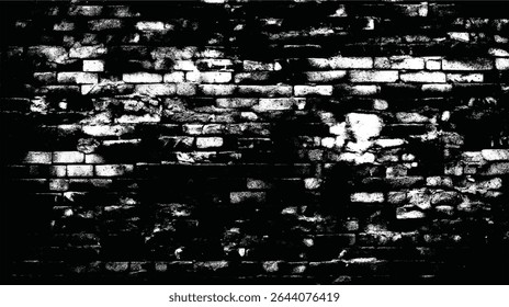 uma imagem em preto e branco de alto contraste de uma parede de tijolos, mostrando uma aparência de superfície exposta ao tempo e texturizada.