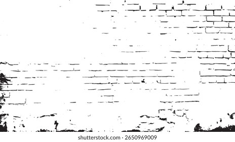 a high contrast black and white image showing a distressed brick wall with visible mortar and damage marks