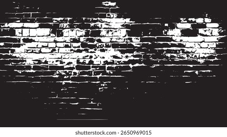 a high contrast black and white image of a brick wall showing some damage and missing bricks in places