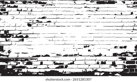 a high contrast black and white image showing a distressed brick wall with a weathered appearance.