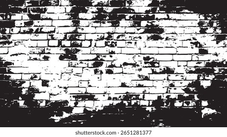a high contrast black and white image of a distressed brick wall, showcasing a grungy and weathered texture