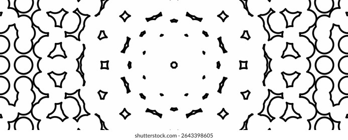 A high contrast, black and  white kaleidoscopic pattern of interlocking geometric shapes including circles, quatrefoils, stars, and tessellated outlines