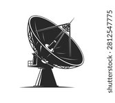 A high contrast black and white line art illustration of a large satellite dish communication unit