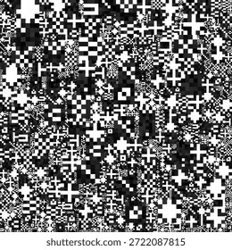 Patrón de ruido pixelado en blanco y negro de alto contraste con símbolos abstractos y textura digital de fallas, ideal para tecnología, datos y fondos modernos.

