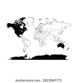 A high contrast black and white silhouette of the world map. This minimalist design highlights global continents and land masses for international business use.