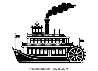 A high contrast black and white silhouette of a vintage paddle steamer riverboat emitting smoke from its smokestack