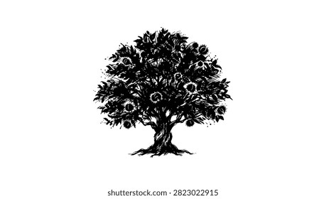 A high contrast black and white sketch of a bountiful fruit tree showing intricate branches and foliage isolated on white background