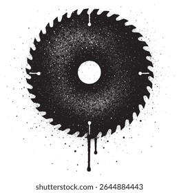 High contrast black and white stencil illustration of a circular saw blade with a gritty spray paint effect.	