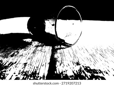 Alto contraste preto e branco estêncil ilustração de um vidro caído em uma superfície de madeira. Arte vetorial minimalista para arte de rua, design de camisetas e elementos gráficos urbanos.